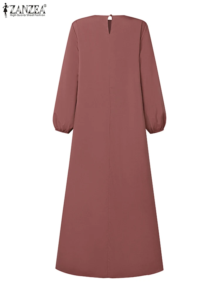 ZANZEA Elegant Fall 2024 Abaya Robes Solid Islamic Hijab Casual Loose Women Pleated Dress O Neck Muslim Fashion A-line Vestidos