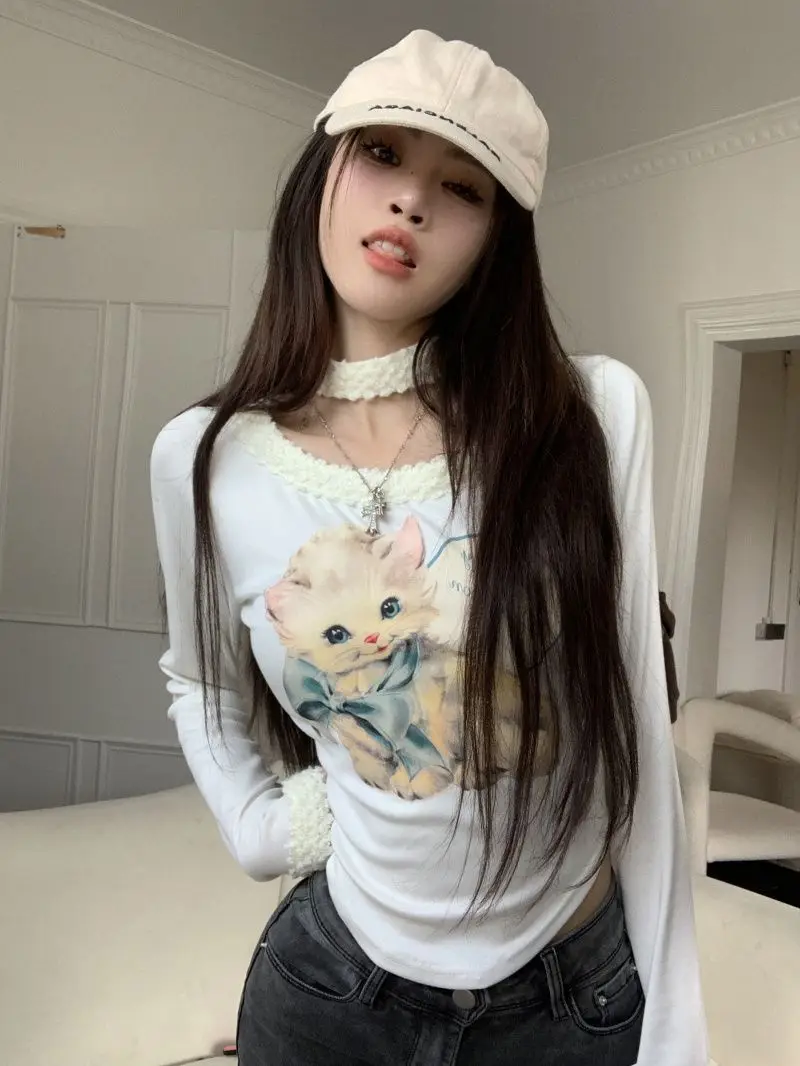 

Korejpaa Spicy Girl Cat Printed Halter T-shirt Women Autumn Slimming Short Spliced Long Sleeved Base Top Gentle Casual T Shirts