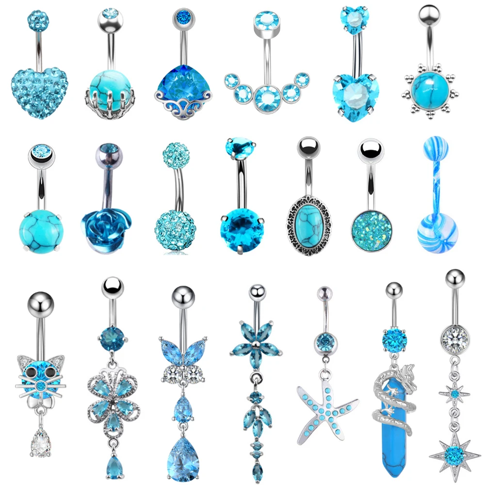 Mixed-style Blue Crystal Sexy Dangled Belly Piercing for Women Cute Cat Water-drop Flower Belly Button Ring 14G Body Jewelry