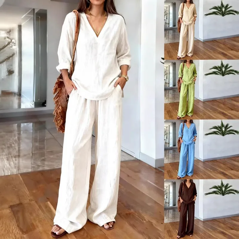 

Новый женский повседневный комплект для трансграничной торговли: пуловер с V-образным вырезом и длинными рукавами, длинные брюки, из моющегося хлопка, разноцветный, женский стиль