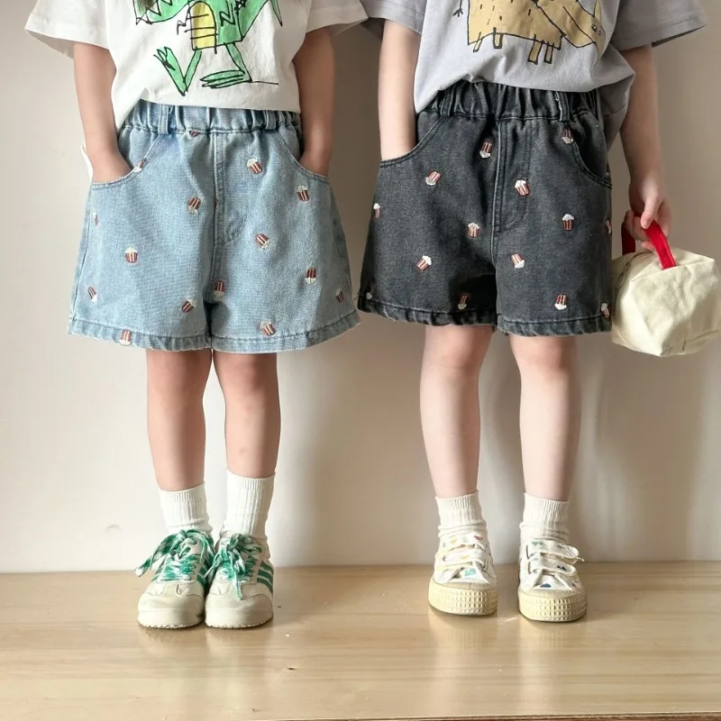 

2025 Summer Kids Shorts 1-8T Popcorn Embroidery Casual Knee Length Pants for Boys and Girls Loose Elastic Waist Denim Shorts