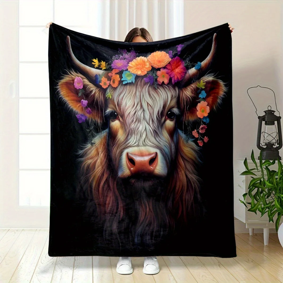 بطانية من الفلانيل بنمط زهور البقرة المرتفعات الكرتونية - ناعمة ودافئة، مثالية للديكور المنزلي أو الفراش أو التخييم أو السفر أو عيد الميلاد #1