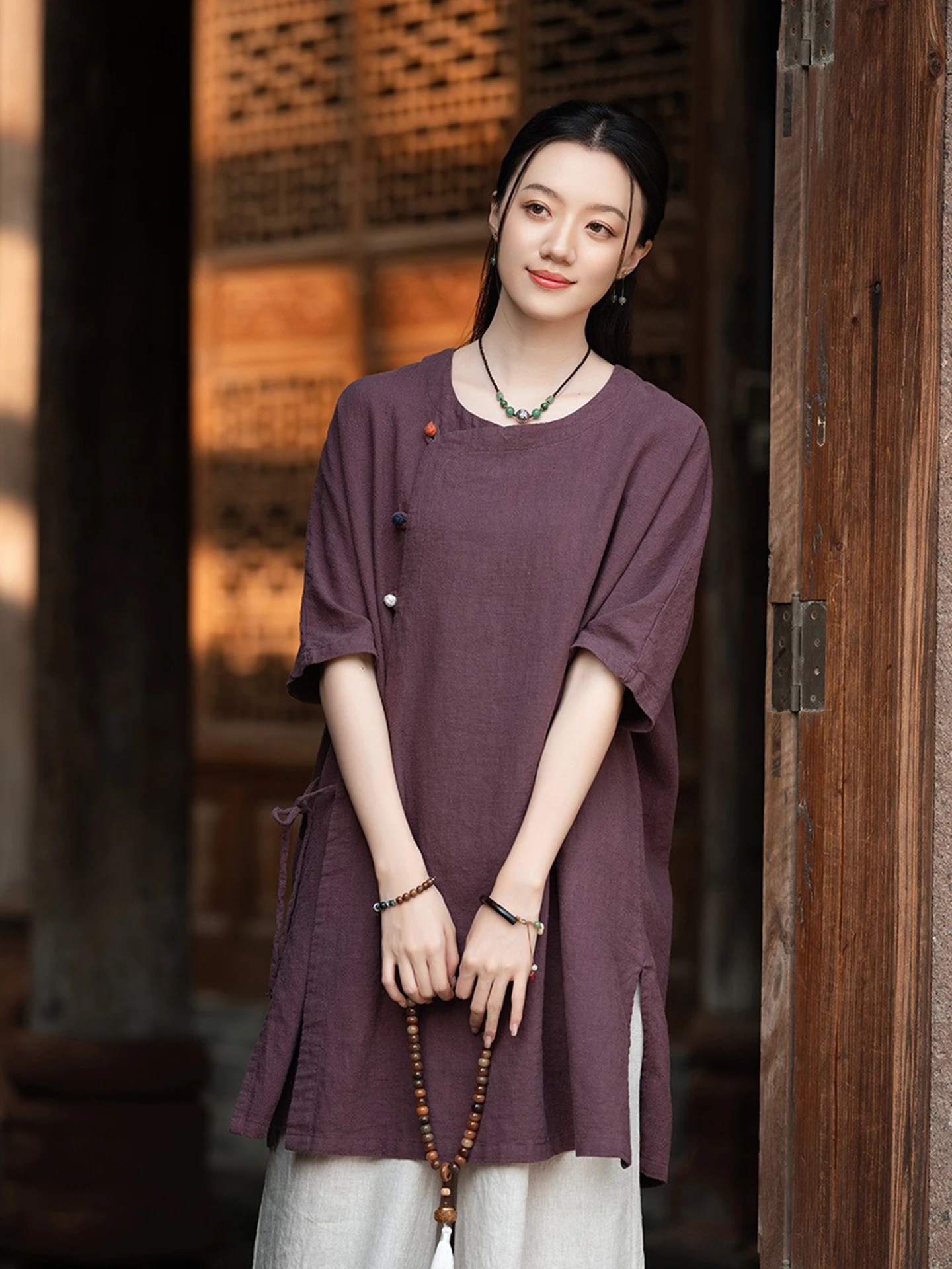 New Chinese Style Women's Cotton Linen Short Sleeve Shirt Zen Tea Clothing Tie Belt Side Button Color Block Loose Fit Summer ...