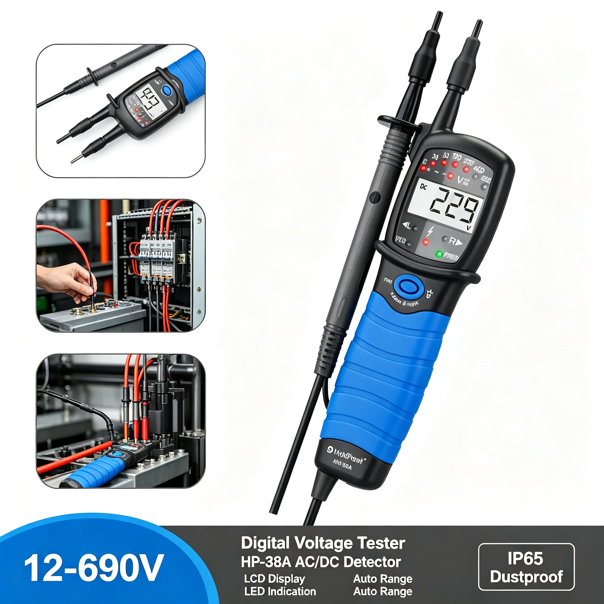 Digital 2-Pole Voltage Tester Pen 12-690V AC/DC with Phase Rotation Continuity Test Auto Hold LCD Display for Electrician Repair