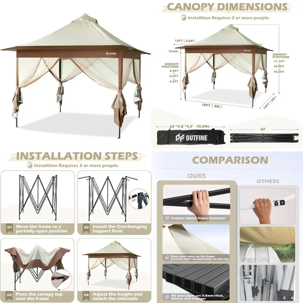 Heavy-Duty 12x12 Pop Up Gazebo with Metal Frame, Reinforced Steel Cables, Mesh Curtains, Suitable for Outdoor Events