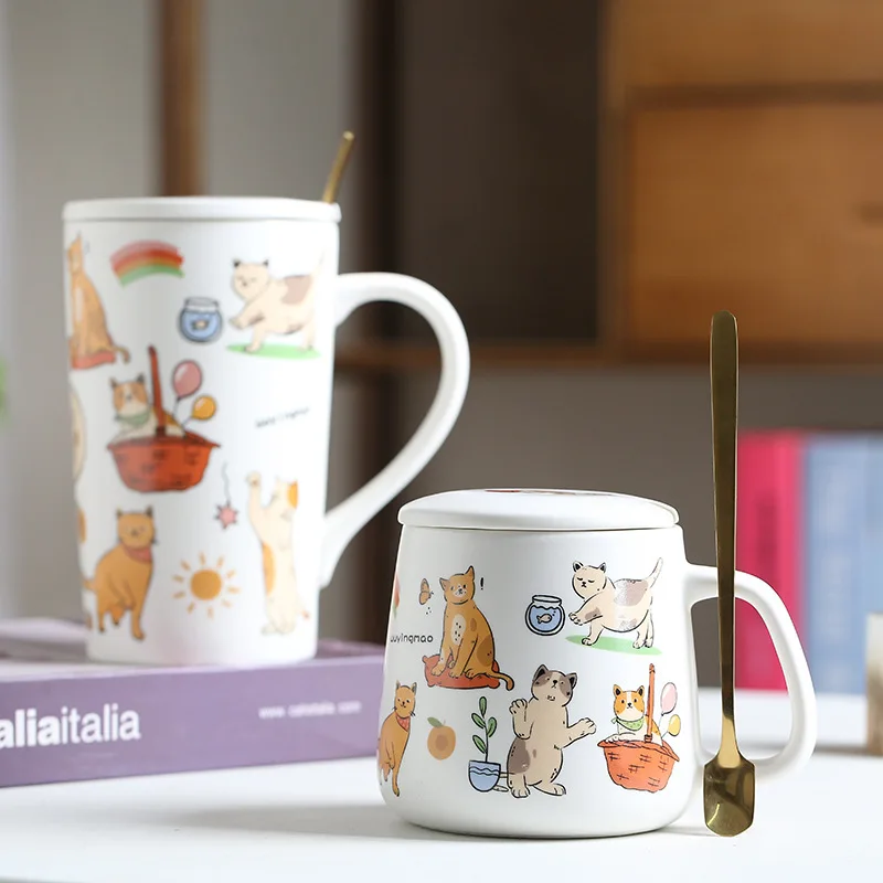 Cartoon Cat and Dog Cup Ceramic Drinkware Mug Coffee Mug Spoon with Lid Office Breakfast Milk Water Mugs Couple Desk Decoration