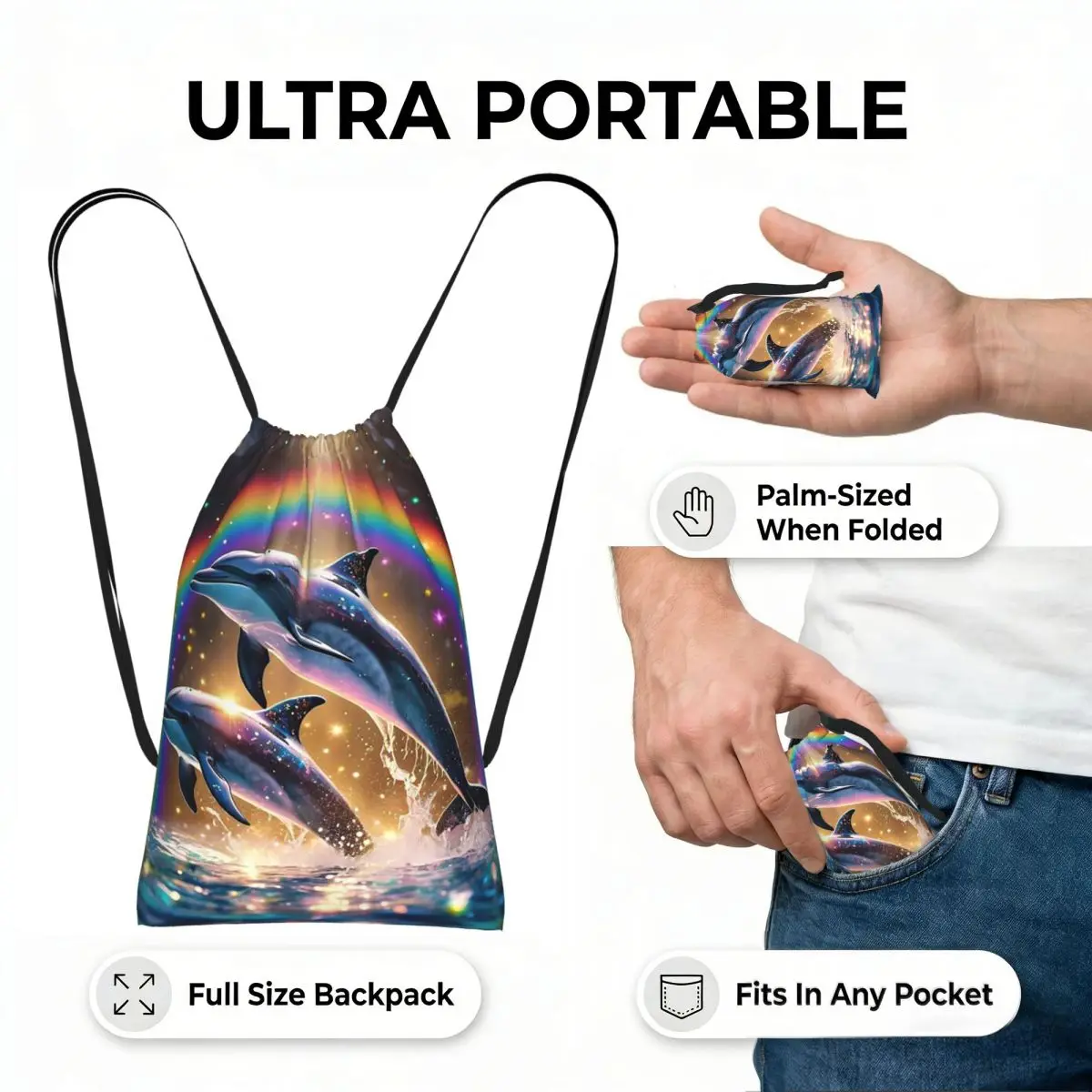 Sunset Dolphins Dancers Sea Creature Dolphin Drawstring Backpack hiking cycling Bag Lightweight Foldable Storage Drawstring Bag