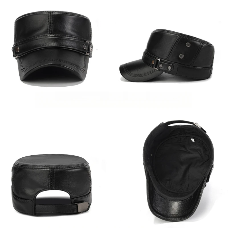 قبعة بيسبول مسطحة للخريف/الشتاء للرجال - قبعة كاجوال من جلد البقر الأصلي (56-60 سم) مع ديكور برشام #5