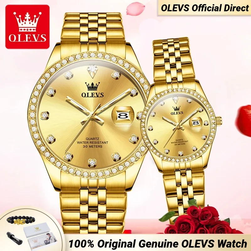 Olevs 3629 casal relógio de luxo marca original relógio quartzo clássico data negócios à prova dwaterproof água seu ou sua data diamante casal relógio