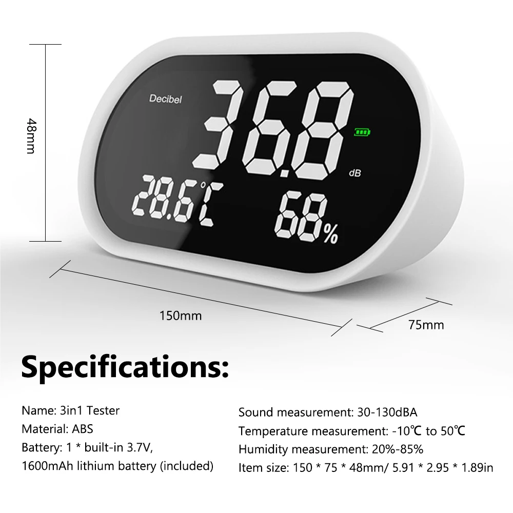 3in1 Comprehensive Ambient Temperature Humidity Noise Tester Digital Display Decibel Test Meter Sound Level Meter