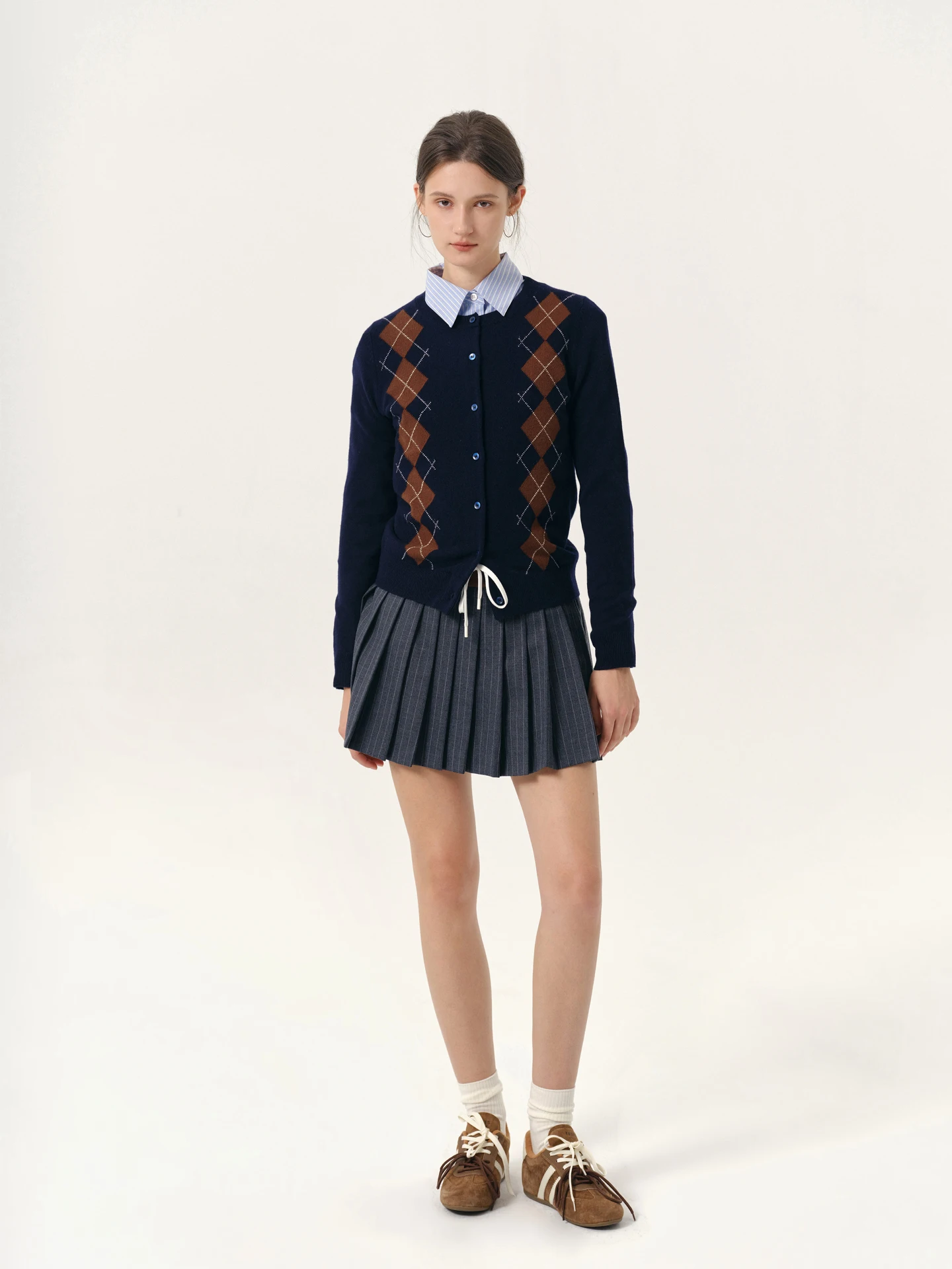 

NANCYLILI25 Autumn Winter New Diamond Pattern Knitted Open Cardigan k Blue round Ne Long Sve Women's Wool Sweater