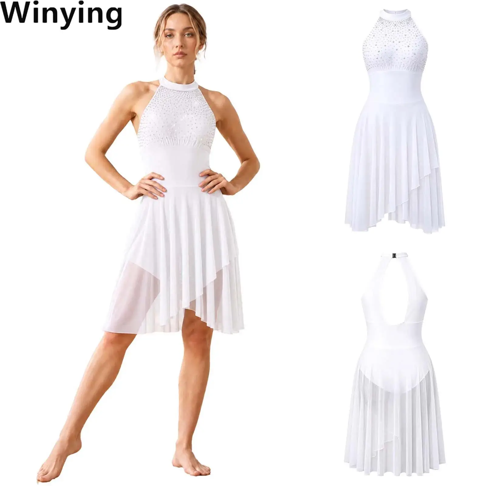 Women Lyrical Figure Skating Dance Dress Halter Sleeveless Keyhole Back Shiny Rhinestone Mesh Dresses with Built-in Briefs