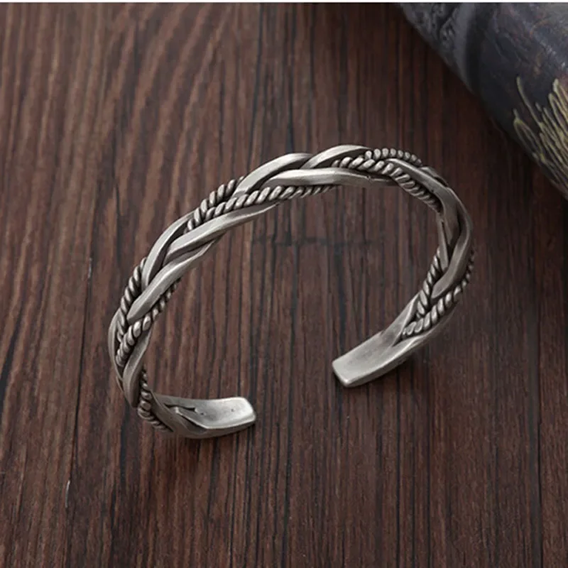 Real 925 Sterling Silver Twisted Woven Bracelet Neutral Retro Thai Original Handmade Exquisite Unique Opening Cuff Bangle Gift