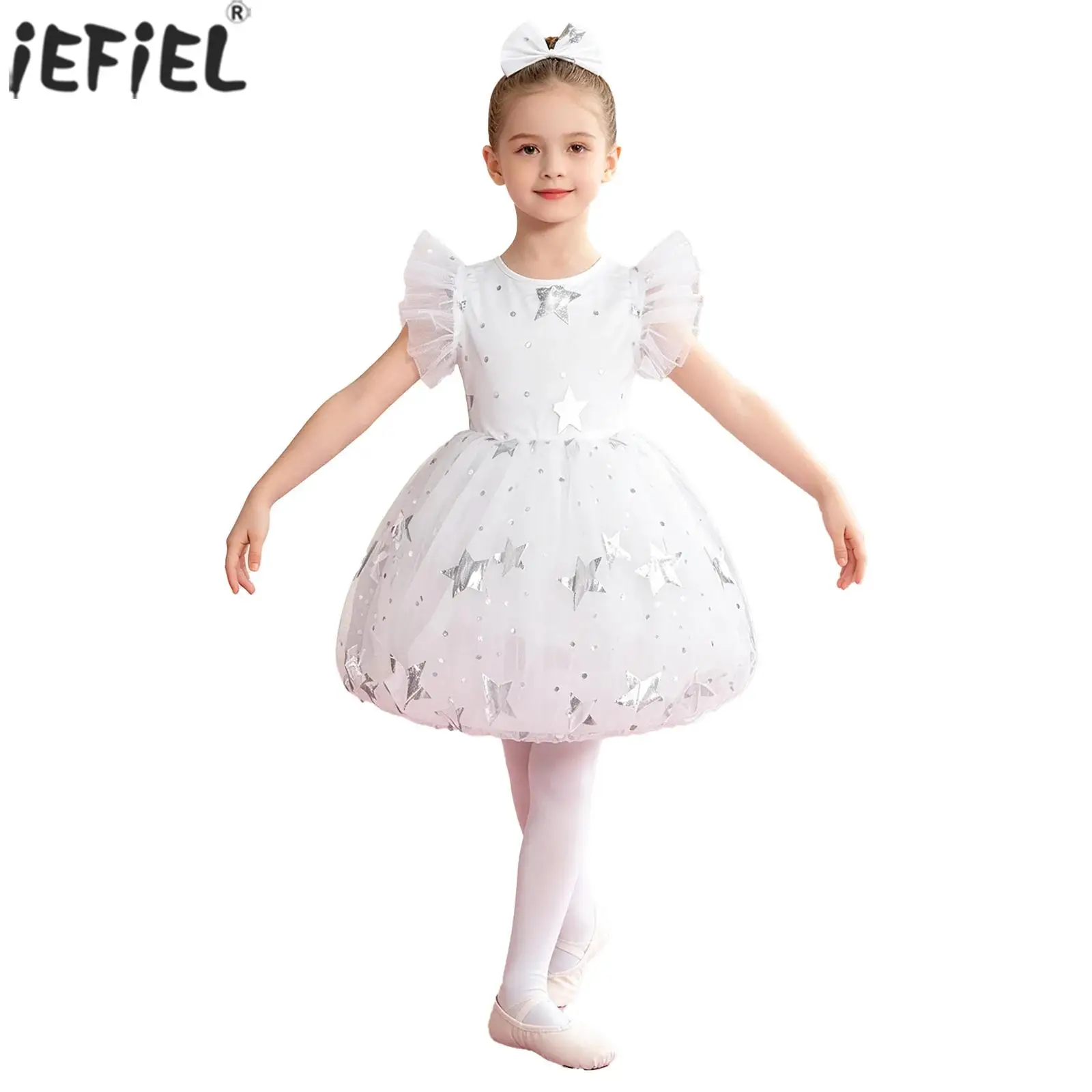 Flower Girl Dress Ballet Dance Tutu Birthday Party Performance Outfit Ruffled Sleeves Metallic Star Tulle Dresses with Pantyhose