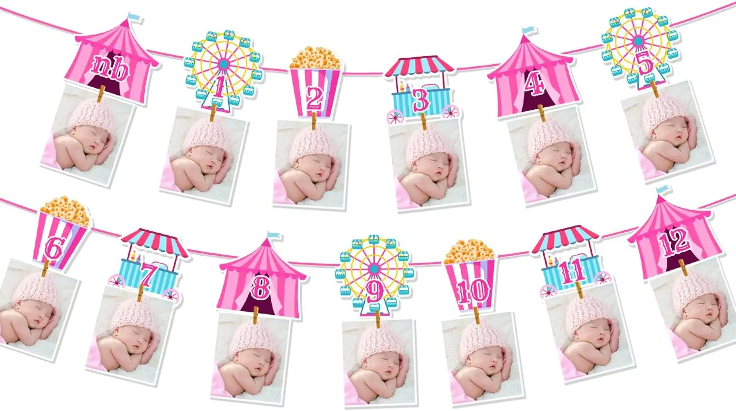 Carnival Circus 1st Birthday Photo Banner,Newborn to 12 Months,Monthly Milestone Photograph Garland for Baby Shower Birthday