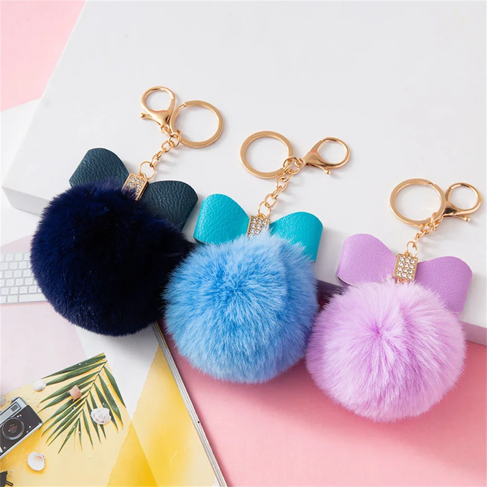 8cm Fake Fox Rabbit Keychain Pompom Bowknot Keyring Rhinestone Keyholder Women Bag Accessories Soft Plush Charm image 3