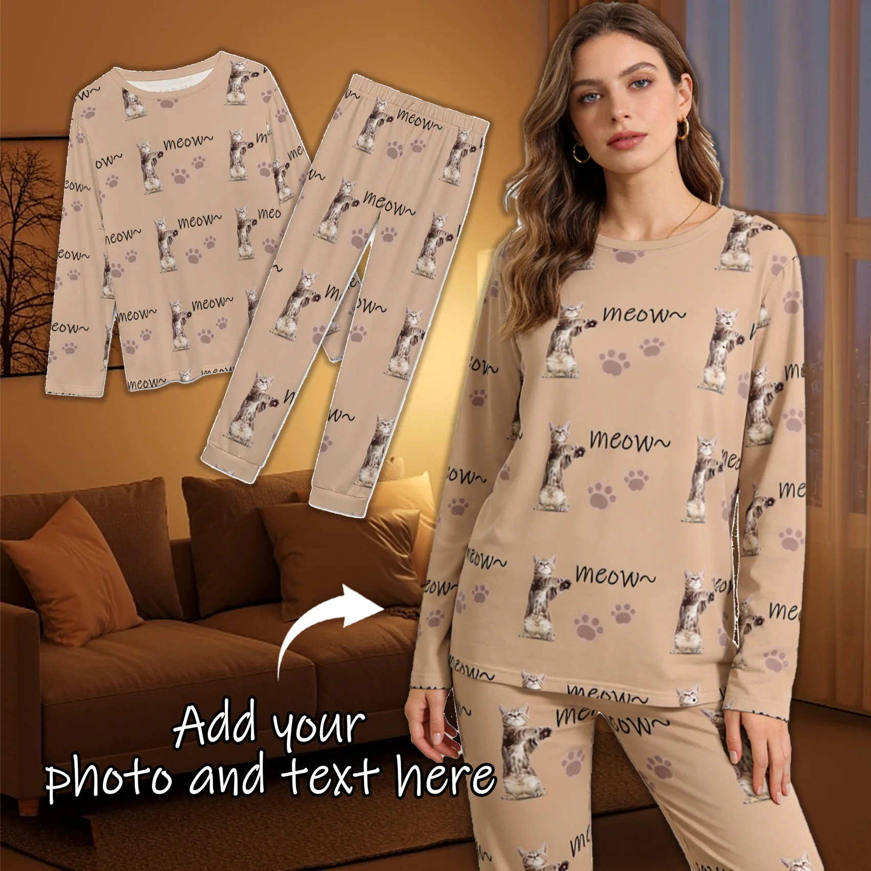 Custom Crew Neck Pajama Set Personalized Images and Text Gifts Couples Spouses Friends Pets Family