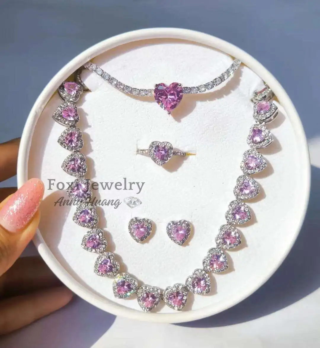 

Women Luxury Bling Iced Out Cubic Zirconia Pink Heart Ring Hypoallergenic 925 Silver Jewelry Stud Earrings Necklace Sets