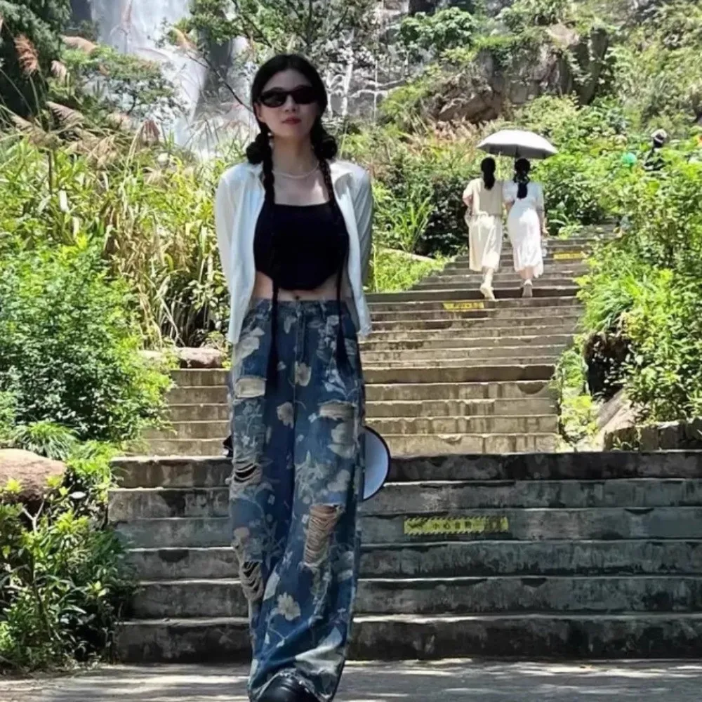 Retro Floral Jeans Women Y2K Ripped Ins Straight Denim Trousers Baggy Loose Flower Cowboy Pants Boys Girls