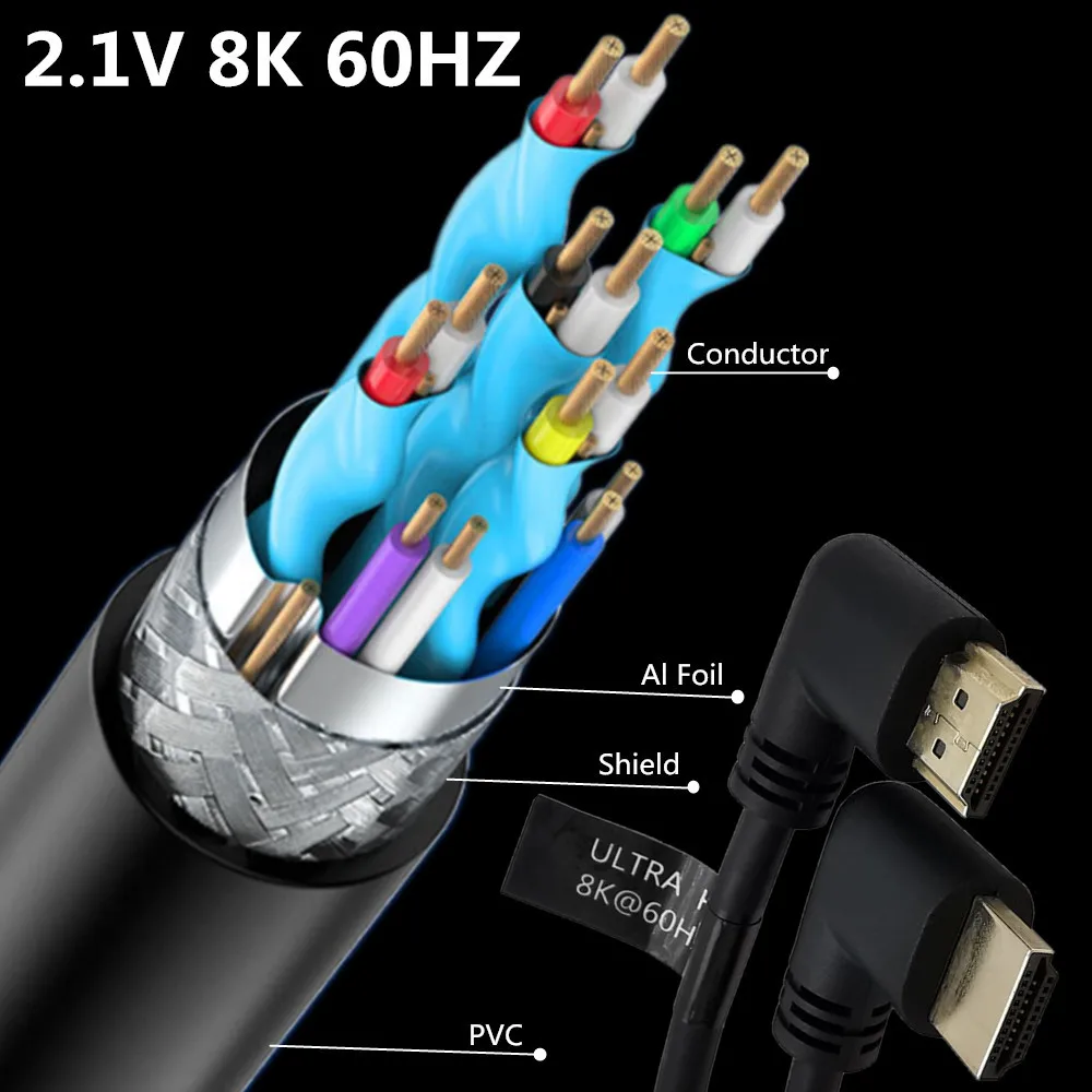 8K 48Gbps kabel HDTV 2.1 90/270 stopni łokieć do kąt nachylenia HDMI-kompatybilny do kabel HD 8K @ 60Hz do telewizora projektor do komputera laptopa