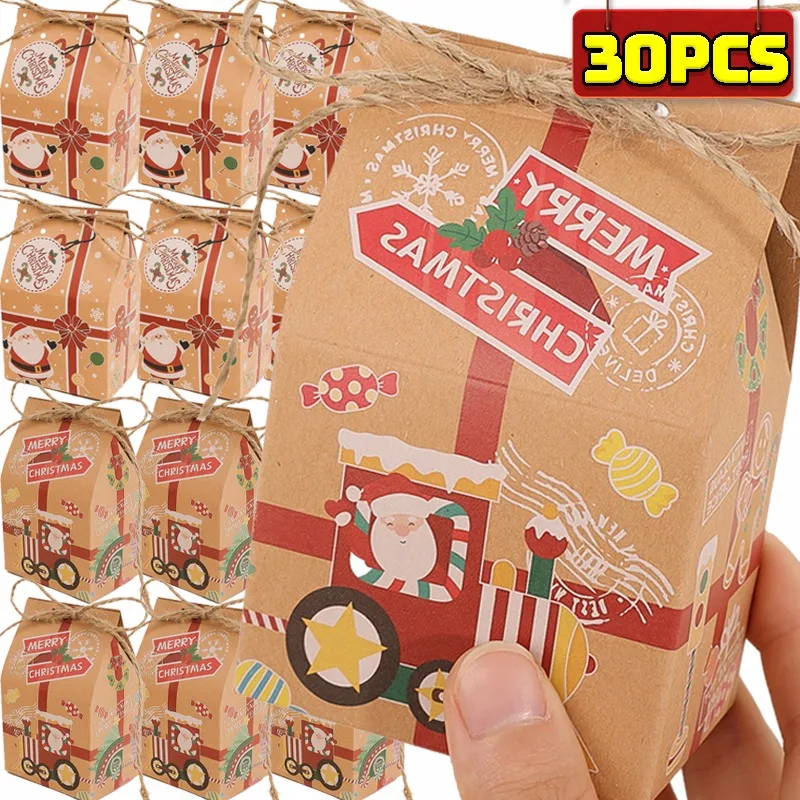 30/1PCS Christmas Kraft Paper Bags Gift Box Handle Pouch with Rope Candy Tote Packaging Bag Party Santa Claus Home Xmas Decor