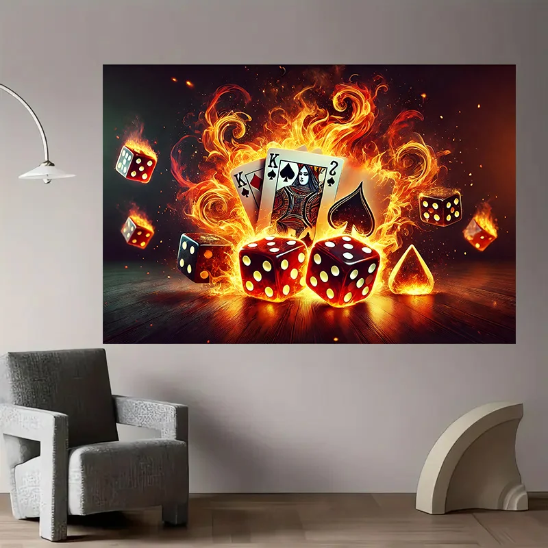 Flaming Poker Dice Casino Wall Art Gambling Theme Room Decor Fire Cards Digits High Stakes Game Night Party Vibe Modern Edgy
