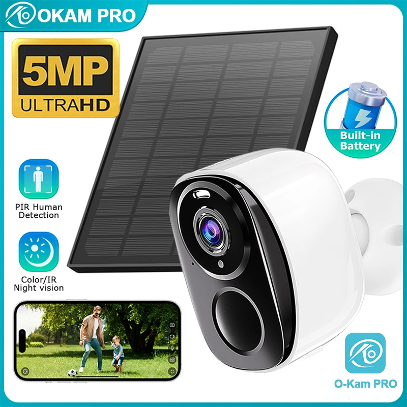 

OKAM PRO Solar Camera HD 5MP 4G SIM Camera 5000mAh Battery 130° Wide-Angle Outdoor Camera Waterproof IP CCTV Color Night Vision