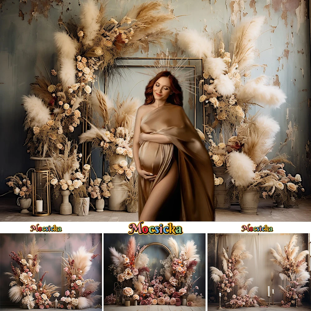 

Boho Wedding Background for Studio Photography Pampas Grass Dried Flowers Classical Wall Backdrop Bride Show Girl Birthday Photo