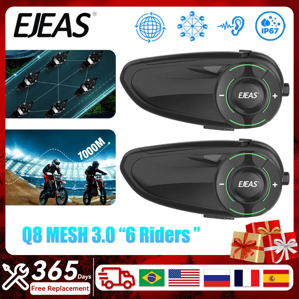 EJEAS Q8 Motorcycle Helmet Mesh3.0 Intercom Walkie Talkie Bluetooth5.1 Interphone Headset 6Riders 1000M Talk Support Music Share