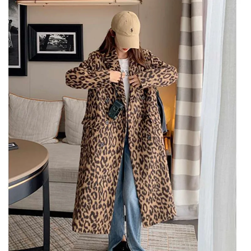 

2026 Новое модное длинное шерстяное пальто с леопардовым принтом, женское осенне-зимнее корейское темпераментное шерстяное пальто, женское свободное пальто W1074