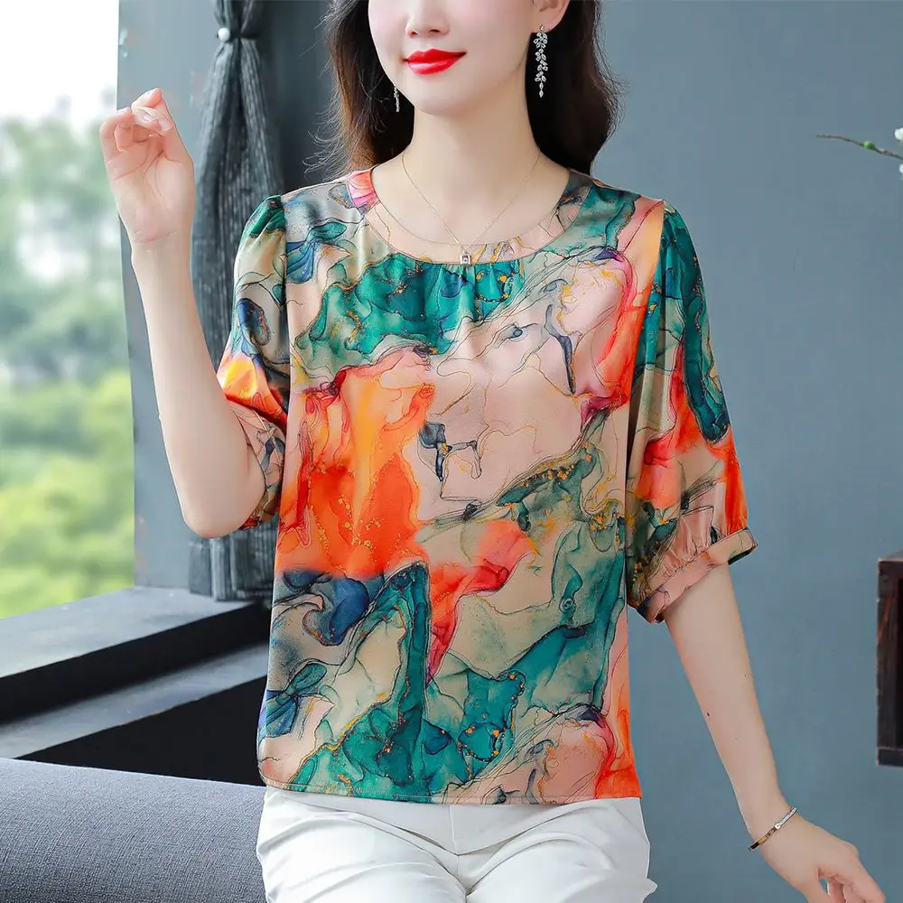 Simplicity Women\'s Clothing 2023 New Korean Elegant Summer Thin Casual Printing Geometric O-neck Short Sleeve Pullovers T-Shirts