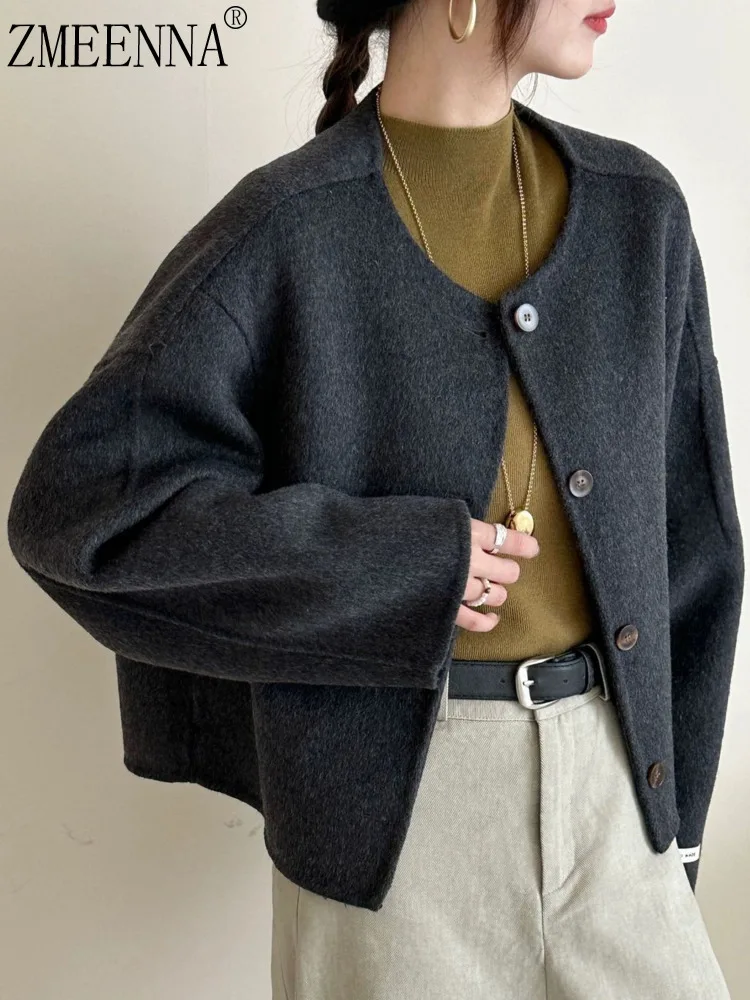 

ZMEENNA Women's Wool Blend Cardigan Jacket Round Neck Simple Solid Color Loose Fit Button Front Winter Coat ZM4017