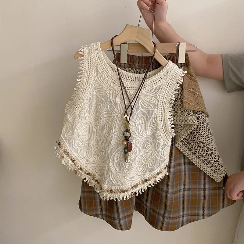 Girls Summer 2025 New Vintage Crochet Vest Top Bohemian Ethnic Style Hollow Splicing Skirt Fashion
