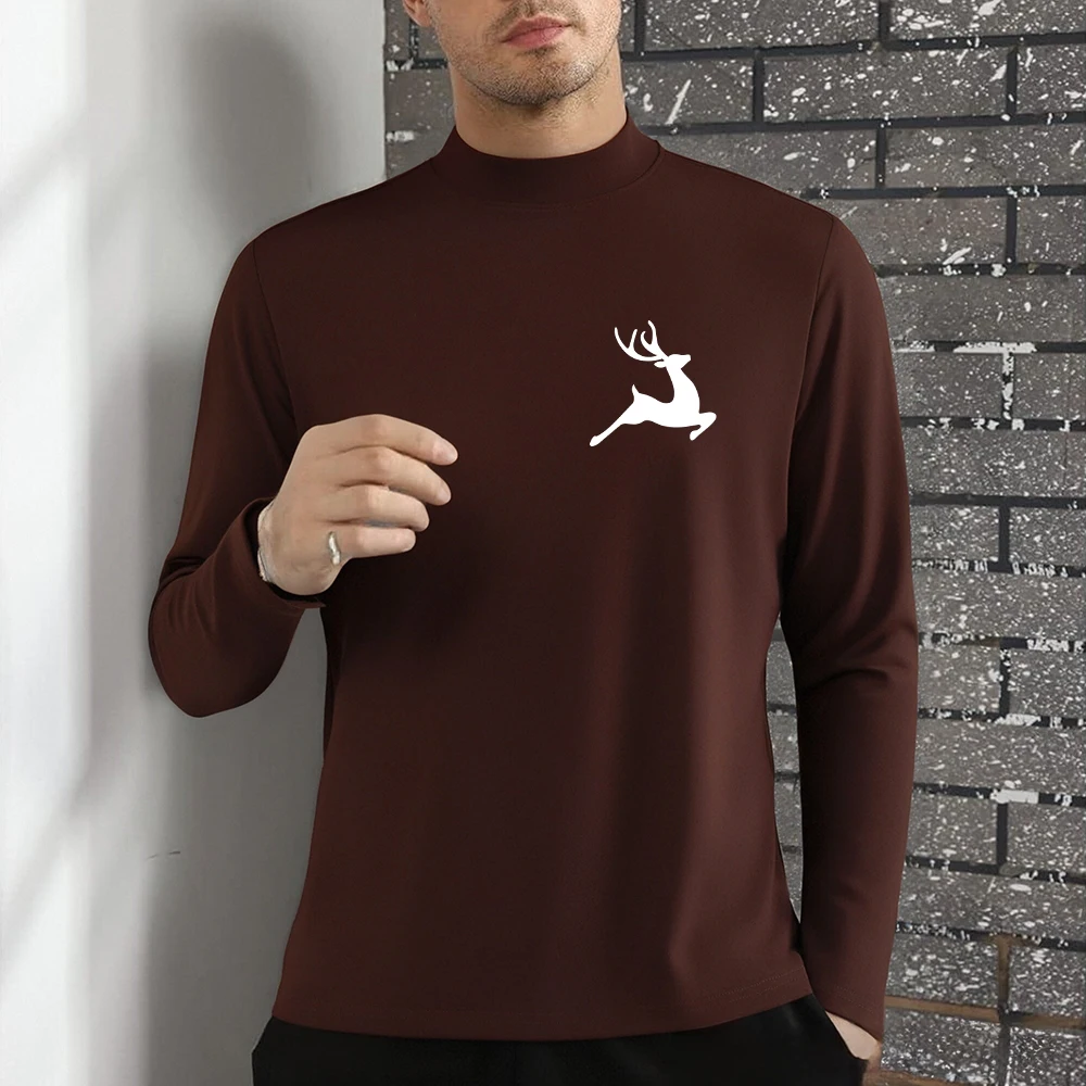 

Мужские базовые рубашки с простым принтом прыгающего оленя, осенняя футболка с полувысоким воротником, флисовая мягкая уличная спортивная одежда с длинными рукавами