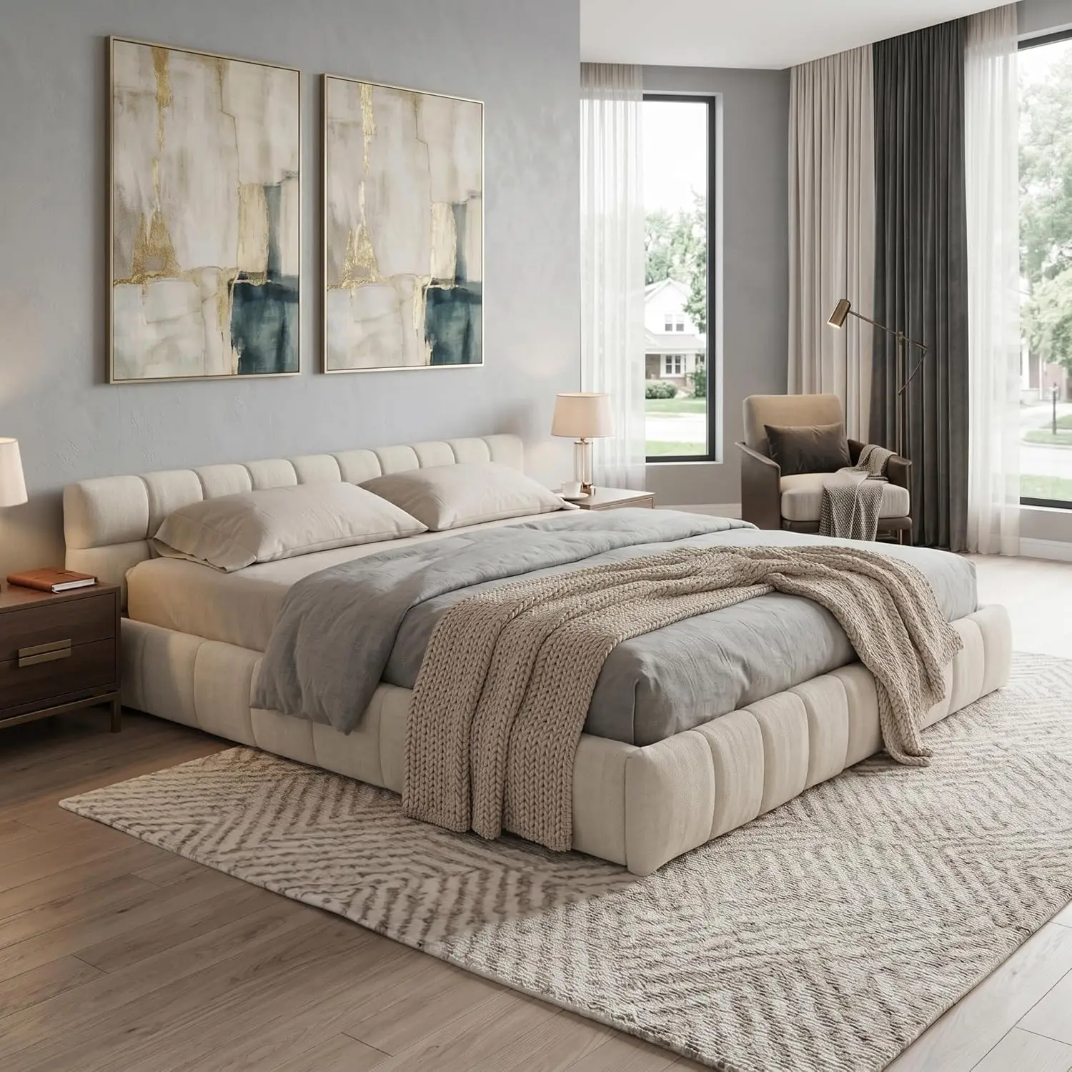 

Modern Grounded Chenille Bed Frame, Low Profile Upholstered Platform Bed with Inset Design, No Box Spring Needed,, Customized