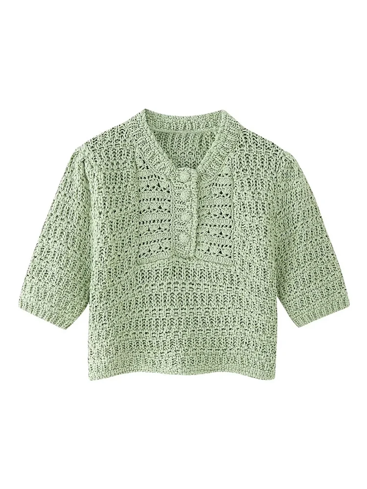 Women\'s Casual Hollow Out Knitted Pullover, Green, Super Short, O-Neck, Short Sleeve, Elastic Sweater, Ladies Tops, Summer, 2024