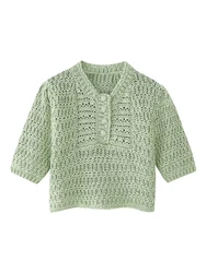 Women's Casual Hollow Out Knitted Pullover, Green, Super Short, O-Neck, Short Sleeve, Elastic Sweater, Ladies Tops, Summer, 2024