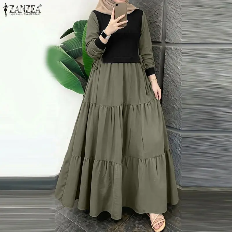 

ZANZEA Fashion Women Patchwork Muslim Abaya Dress O Neck Long Sleeve Pleated Sundress Ramadan Robe Casual Maxi Dresses Kaftan
