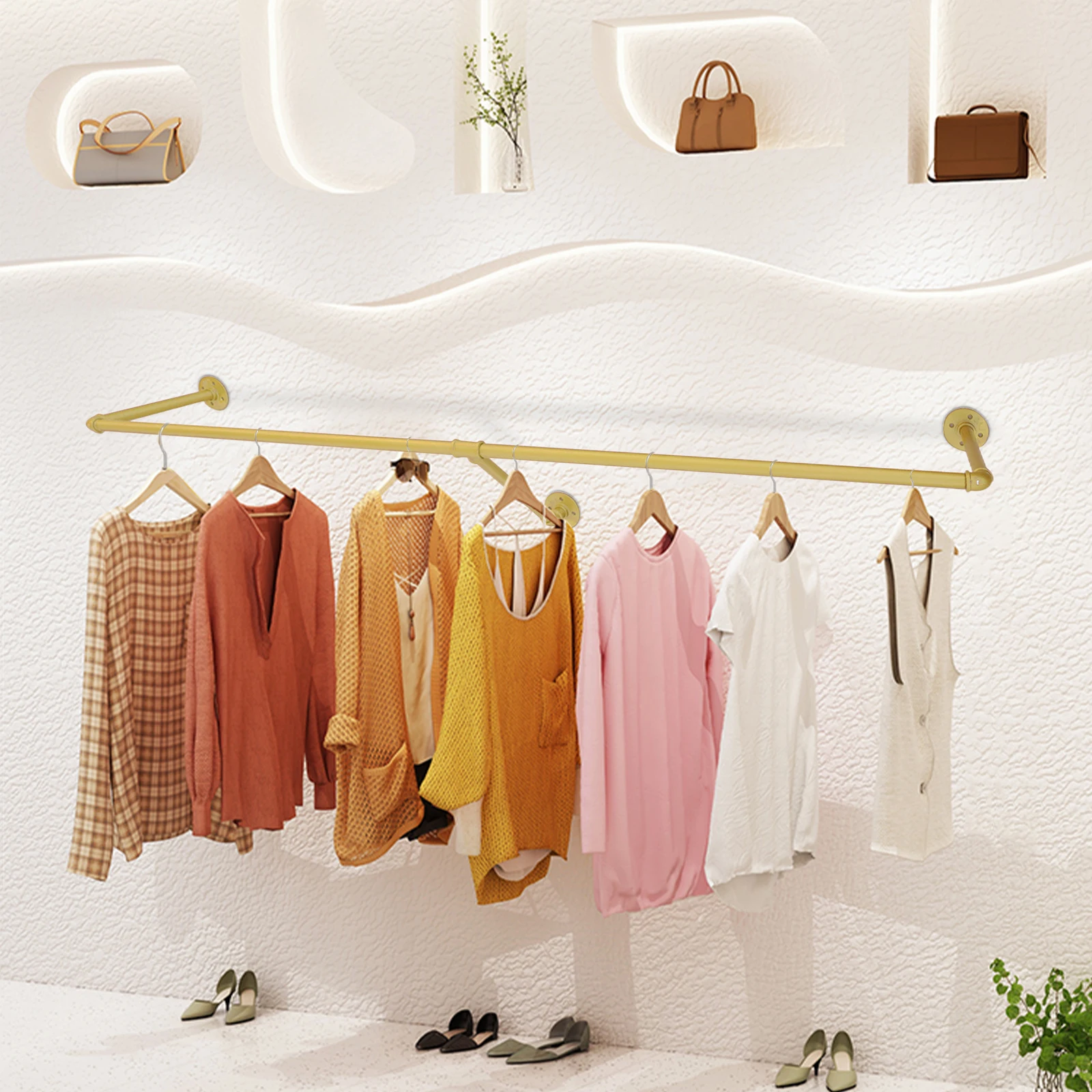 

Gold Iron Industrial Pipe Wall Mounted for Clothing, Wedding Dress, Bridal Garment Rack Stand, Retail Display
