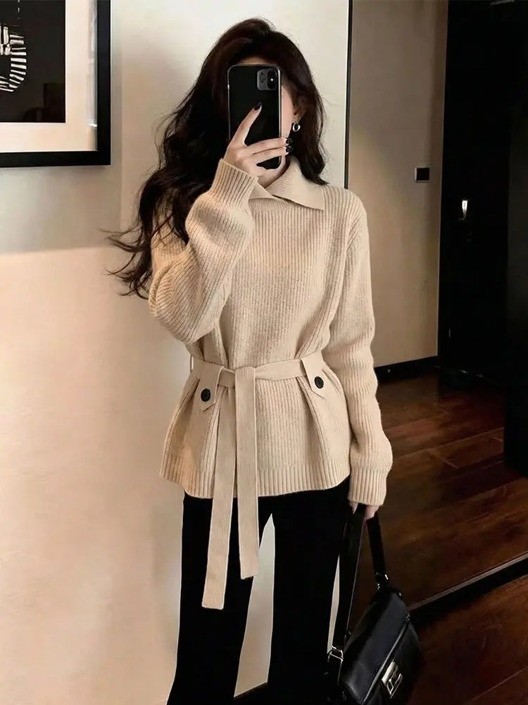 

Женский вязаный свитер с поясом и завязками на талии, с воротником-стойкой, для ношения под одеждой, красивый и уникальный, в корейском стиле, весенняя мода