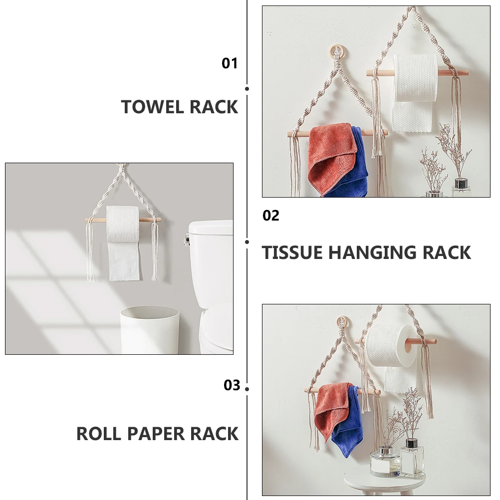 

Woven Paper Towel Holder Retro Bohemian Decor Tissue Rack Wood Cotton Bathroom Kitchen Living Room Storage Roll