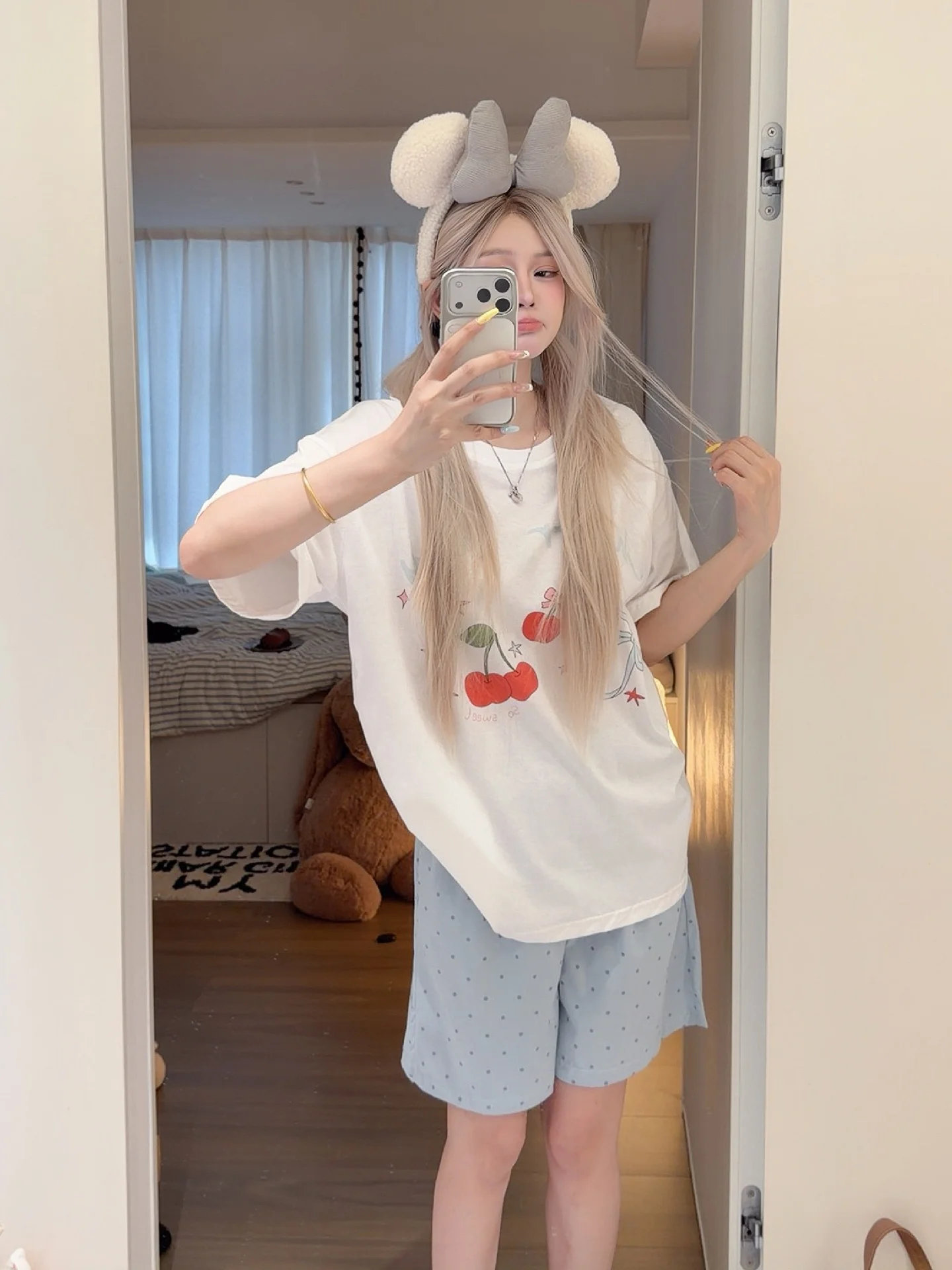 2026-新しいスイートチェリープリント女性のパジャマ綿半袖ラウンドネックホーム服セットカジュアルスタイルルーズフィット夏