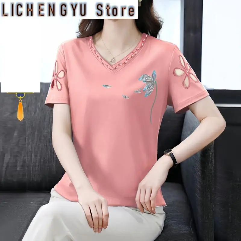 Short Sleeve Summer Women's Clothing V-Neck Pullover Chiffon Plant&Flowers Printing T-shirt Comfortable Modern Minimalist Tops