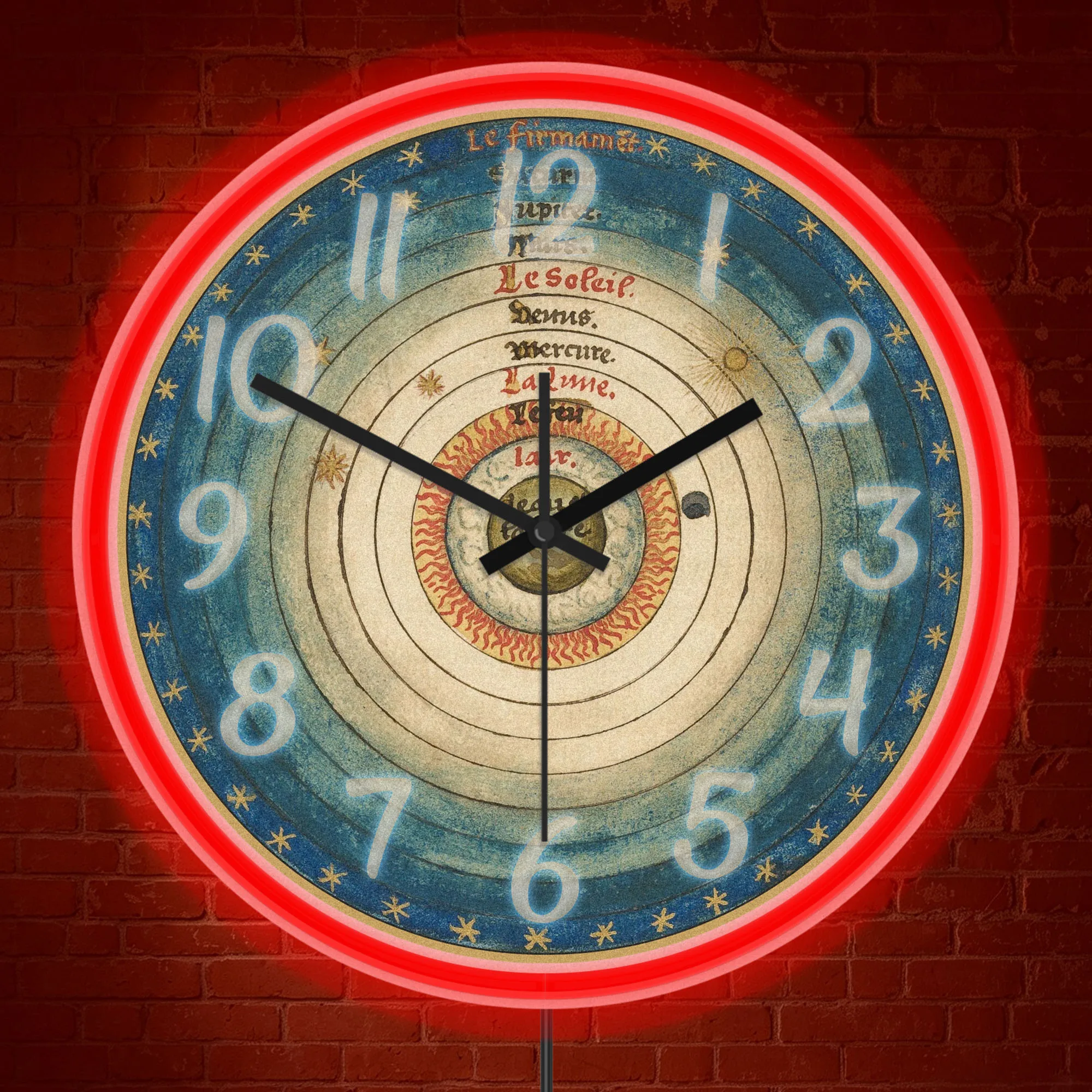 Vintage Geocentric Cosmos Map LED Neon Wall Clock Retro Astronomy Home Decor Medieval Celestial Chart LED Light Up Wall Clock