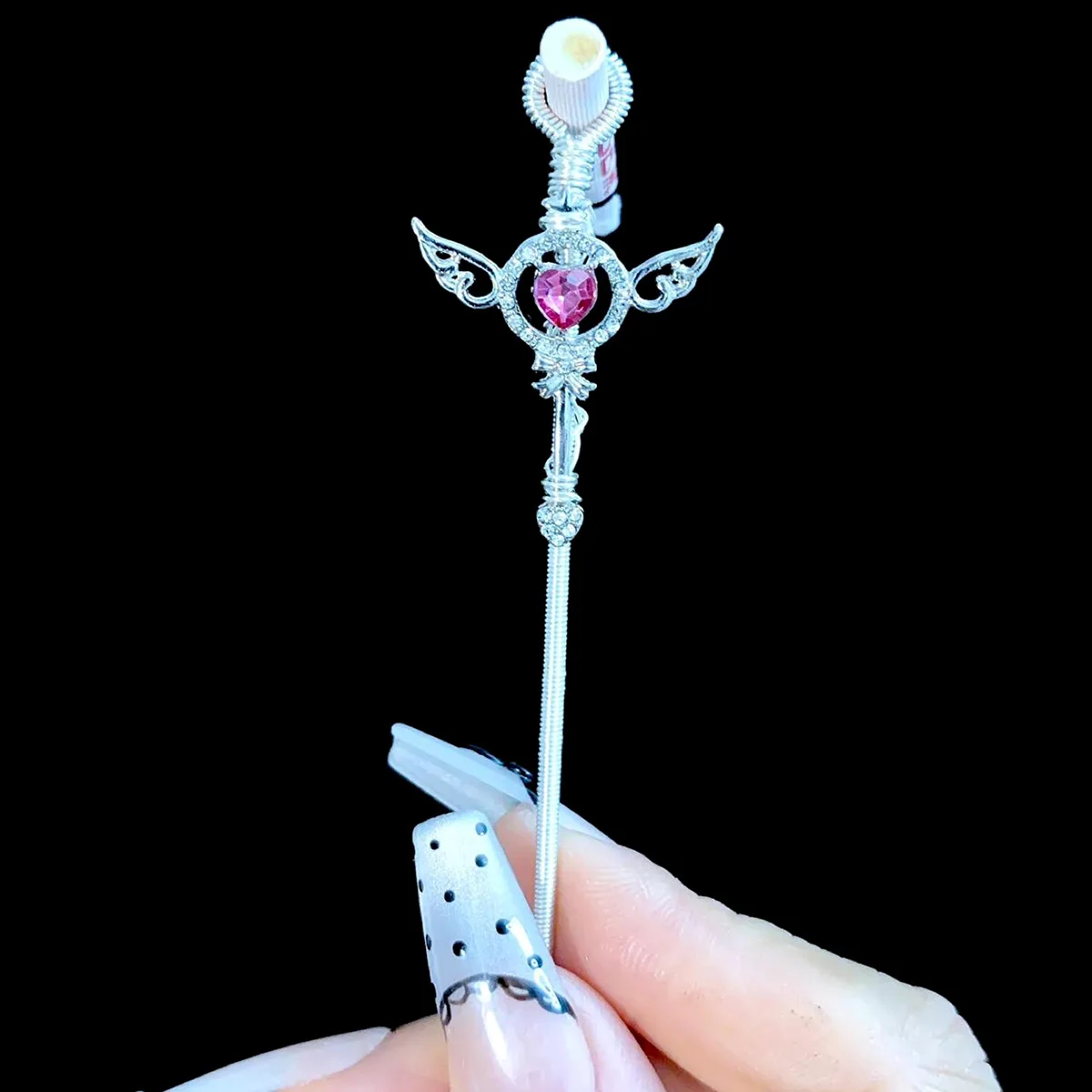 Handmade Silver Magical Angel Heart Gemstone Wire Wrapped Ring Pave Zircon Finger Clip Wand Coquette Fairycore Aesthetic Nail Pr