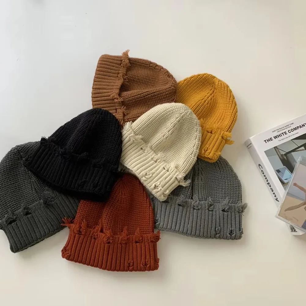 New Dilapidated Hole Knitted Hat Solid Color Thickened Warm Cap Ear Protection Beanie Cap Winter