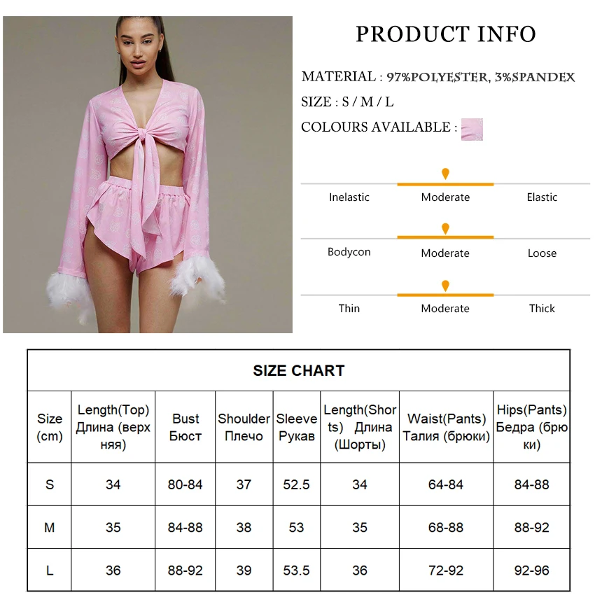 Women\'s Home Clothes 2023 Summer New Feather Trim Sexy Shorts Suit Pink Long Sleeve Shirts Top With Sorts Two Piece Set Outfits