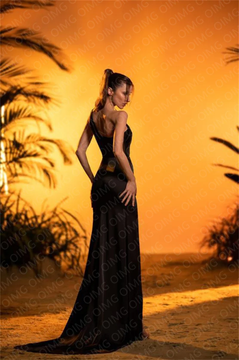 OIMG Saudi Arabic Black Satin Sparkly Night Evening Dresses One Shoulder Sleeveless Long Formal Event Party Prom Dress