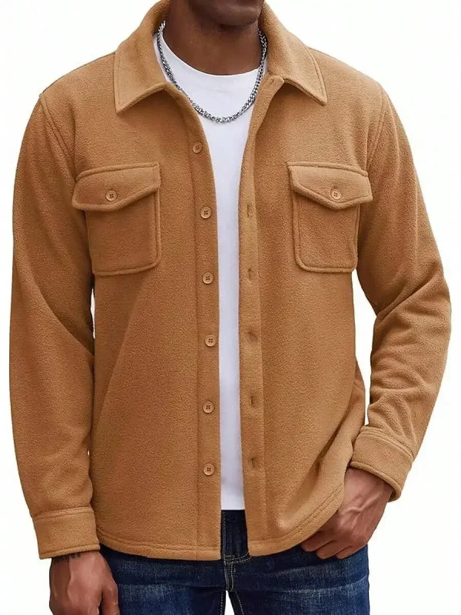 

Mens Polar Fleece Button Down Shirt Jacket With Pockets Casual Long Sleeve