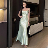 2025 Fashion Silk Satin Long Dress Women Spaghetti Strap Dress Party Banquet Dress Woman Summer Pleated Sleeveless Midi Dresses